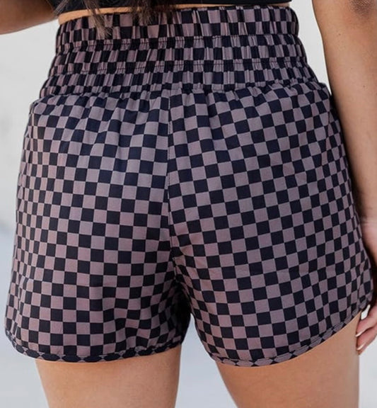 Women's Checkered Flag High Waisted Athletic Shorts