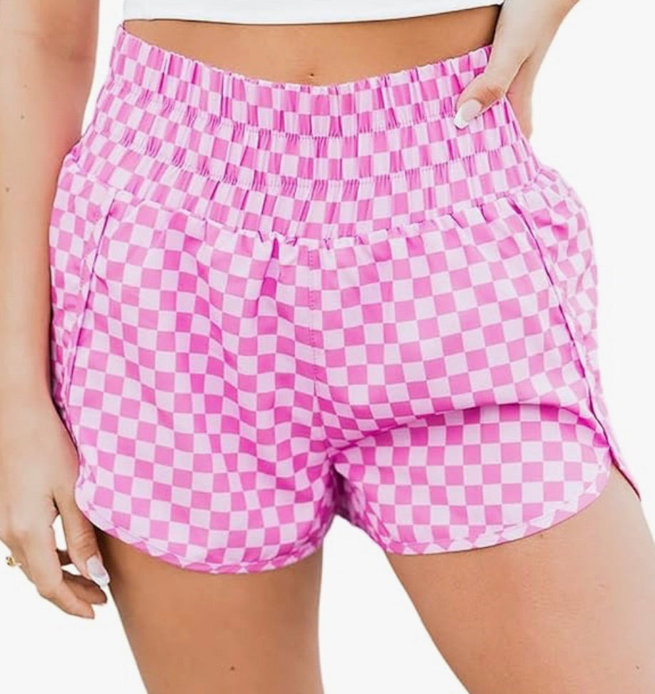 Women's Checkered Flag High Waisted Athletic Shorts