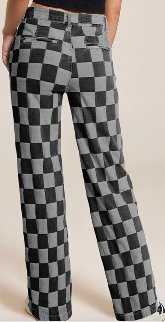 Women's High Waisted Wide Leg Checkered Jeans