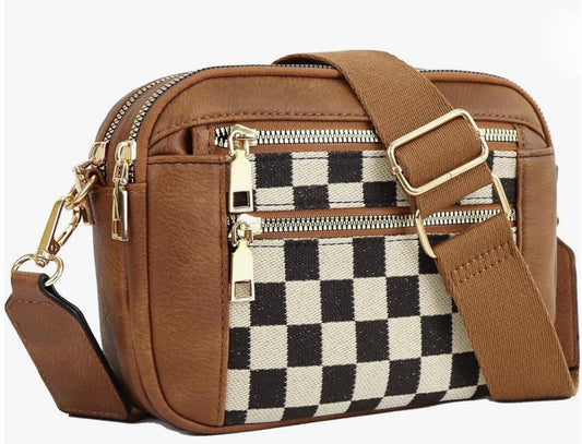 5 Zipper Pocket Checkered Leather Shoulder Bag