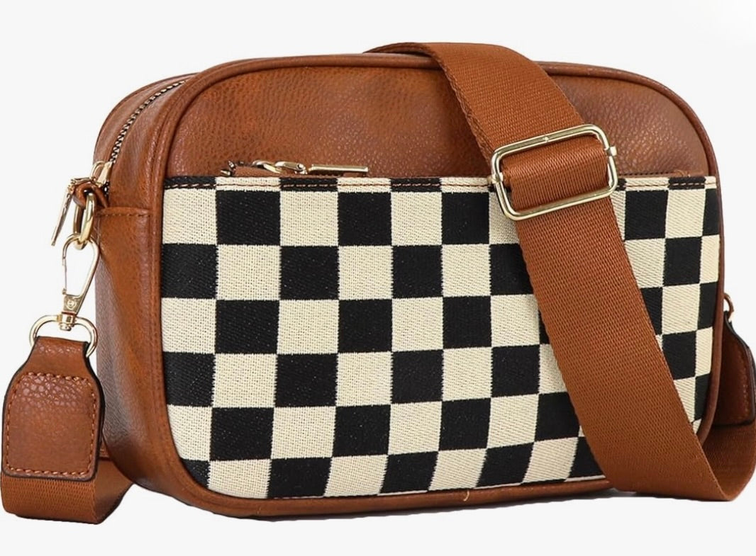2 Zipper Pocket Checkered Leather Shoulder Bag