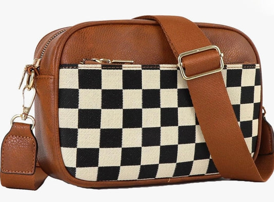 2 Zipper Pocket Checkered Leather Shoulder Bag