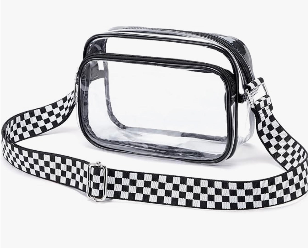 Clear 2 Zipper Pocket Bag With Checkered Shoulder Strap