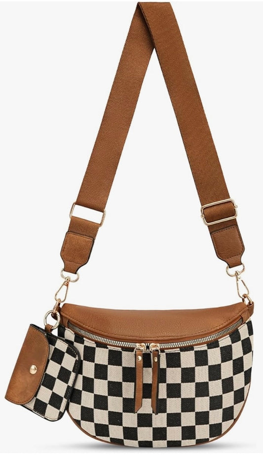 2 Pocket Checkered Crossbody Bag with Clip Attachment