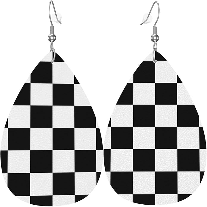 Checkered Faux Leather Teardrop Dangle Earrings