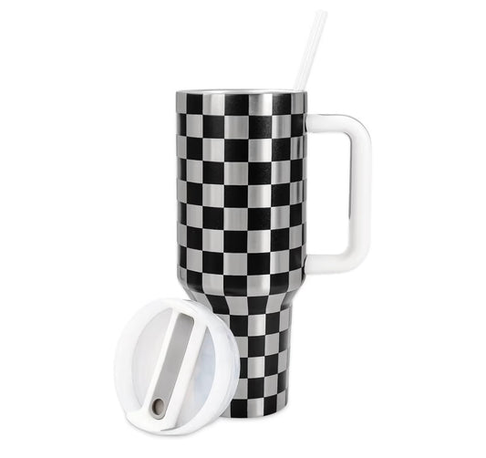 40oz Checkered Tumbler with Straw and Lid