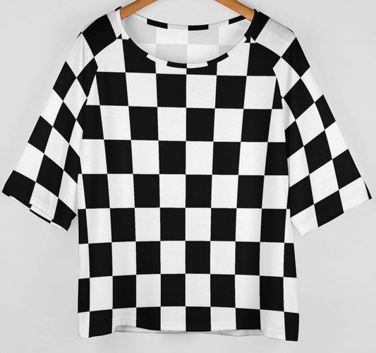 Women's Checkered Flag Off Shoulder Short Sleeve T-Shirt