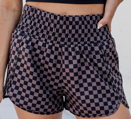 Women's Checkered Flag High Waisted Athletic Shorts