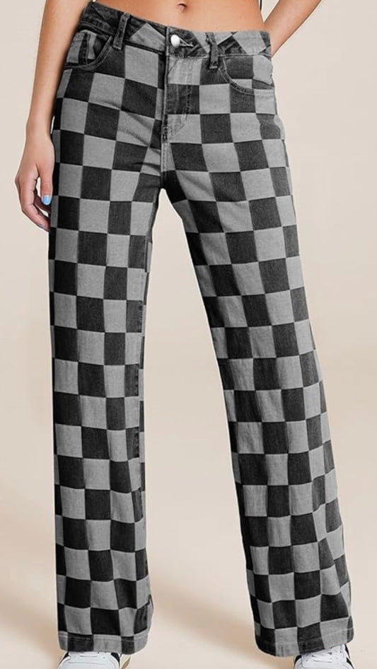 Women's High Waisted Wide Leg Checkered Jeans