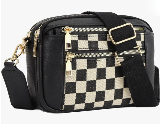 5 Zipper Pocket Checkered Leather Shoulder Bag