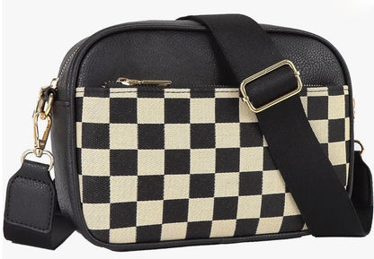 2 Zipper Pocket Checkered Leather Shoulder Bag