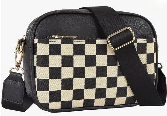 2 Zipper Pocket Checkered Leather Shoulder Bag