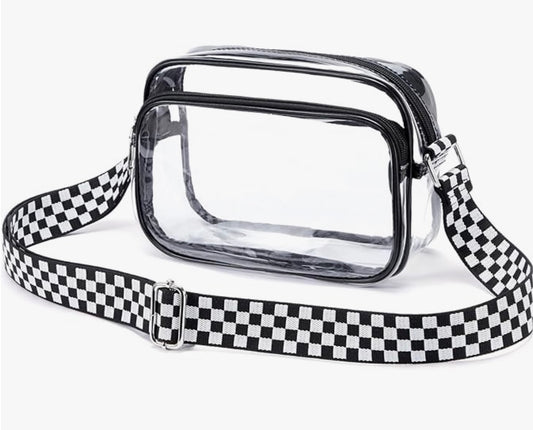 Clear 2 Zipper Pocket Bag With Checkered Shoulder Strap