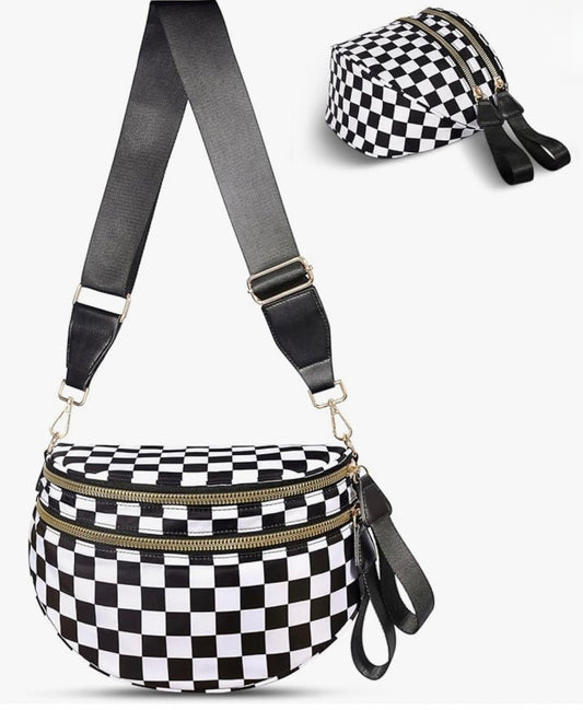 3 Zipper Pocket Checkered Crossbody Bag