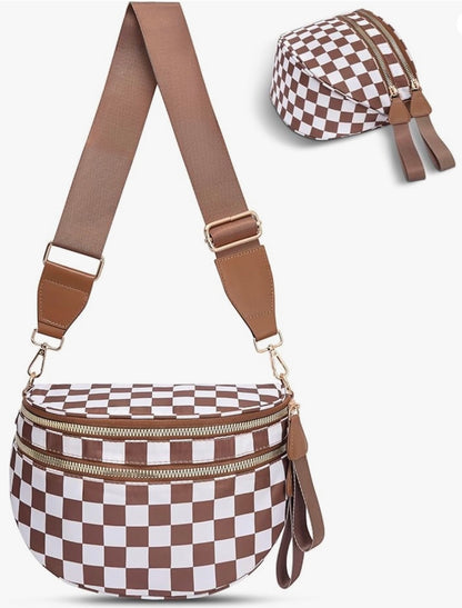 3 Zipper Pocket Checkered Crossbody Bag