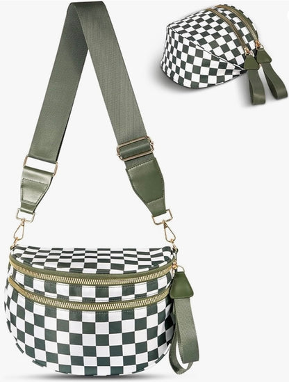 3 Zipper Pocket Checkered Crossbody Bag