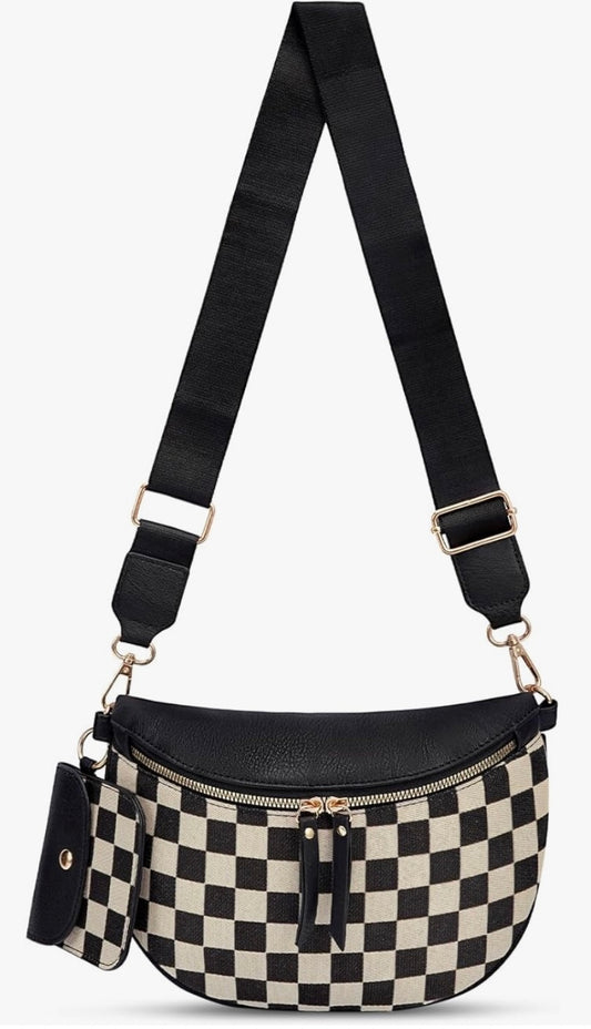 2 Pocket Checkered Crossbody Bag with Clip Attachment