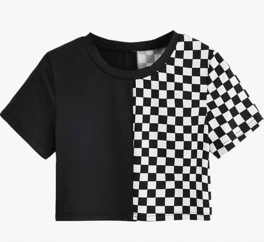 Half Solid Half Checkered Crop Top T-Shirt