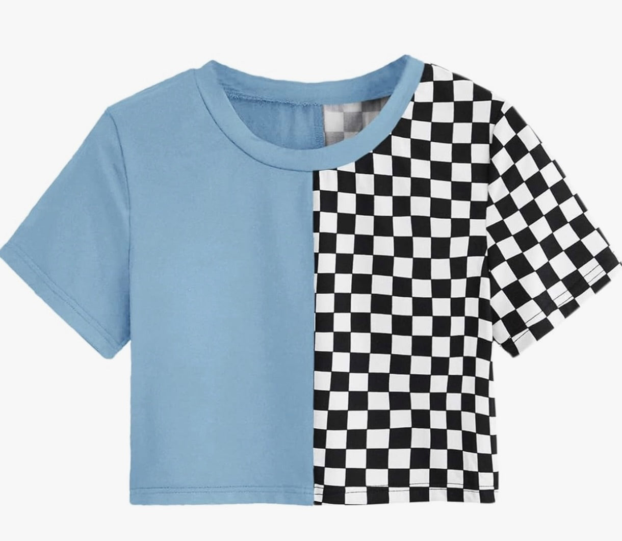 Half Solid Half Checkered Crop Top T-Shirt