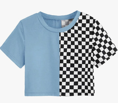 Half Solid Half Checkered Crop Top T-Shirt