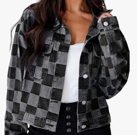 Black/Gray Checkered Lightweight Denim Jacket