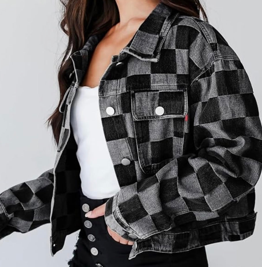 Black/Gray Checkered Lightweight Denim Jacket