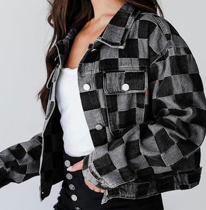 Black/Gray Checkered Lightweight Denim Jacket