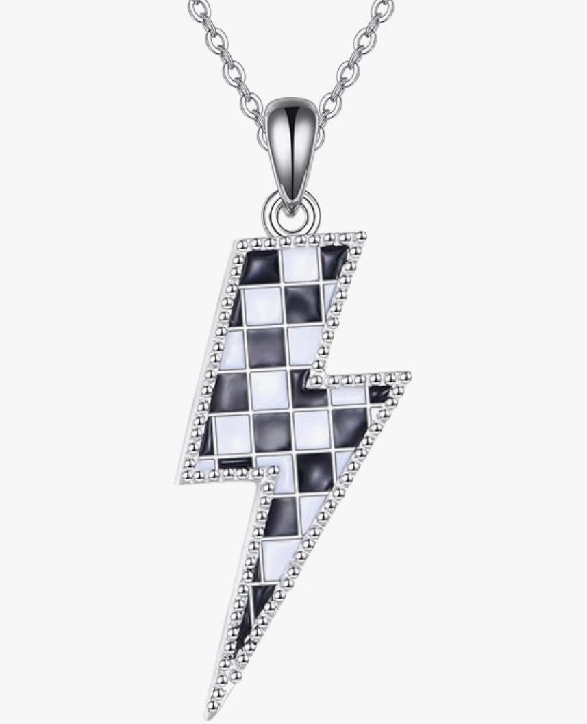 Sterling Silver Checkered Flag Lightning Bolt Necklace