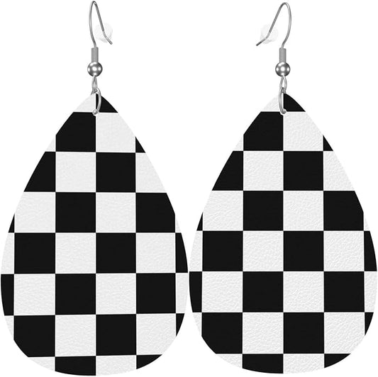 Checkered Faux Leather Teardrop Dangle Earrings
